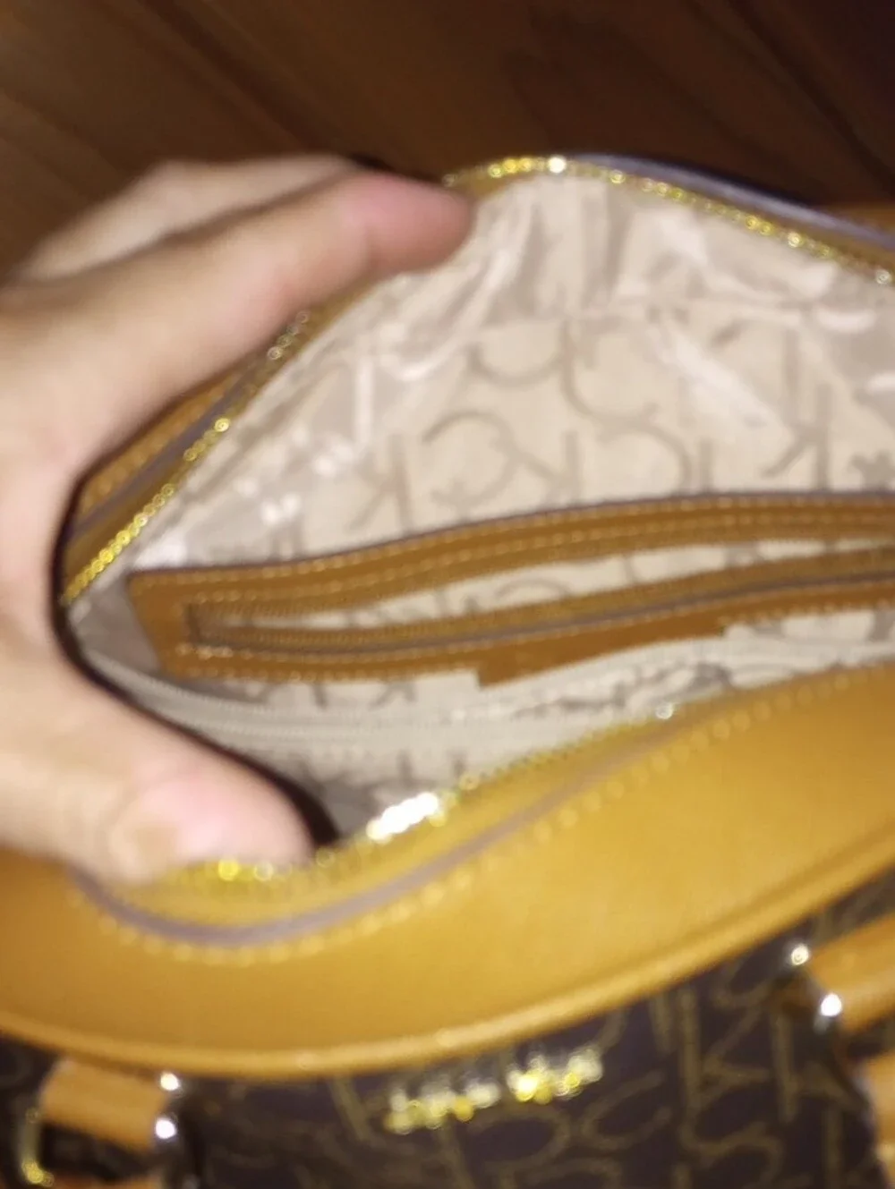 Calvin Klein Brown Monogram Satchel with Tan Trim and Gold Chain